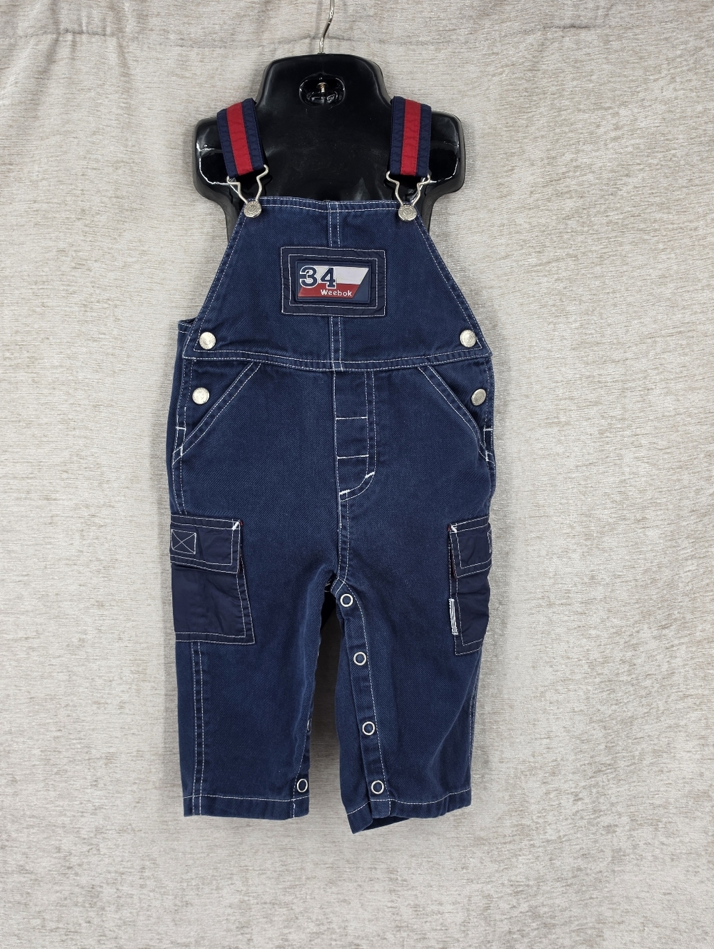 Weebok Y2K Kids Navy Blue Overalls with Red Straps Cargo Pockets